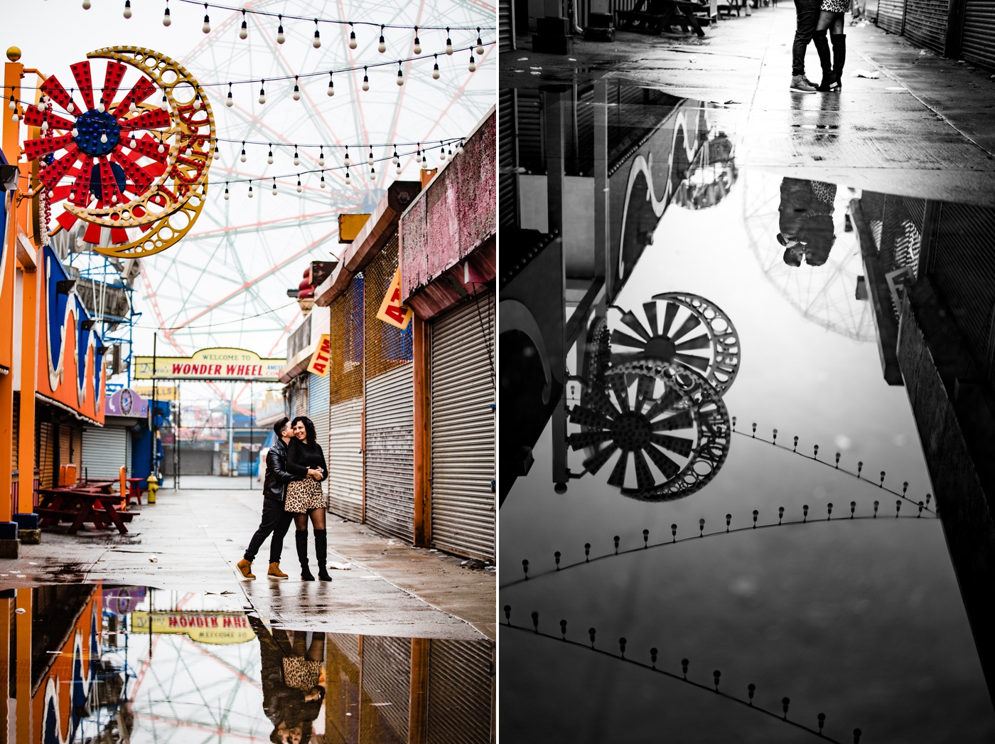 New York City engagement photos - puddle reflections at Coney Island