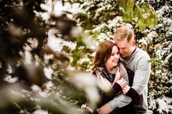 Snowy German Village Engagement Photos - snowy bushes
