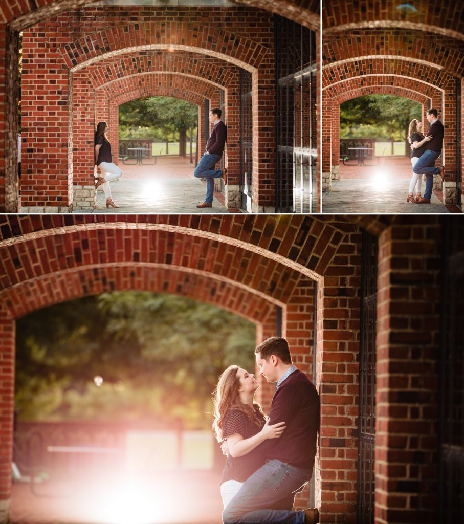 a couple in the brick archways at North Bank Park
