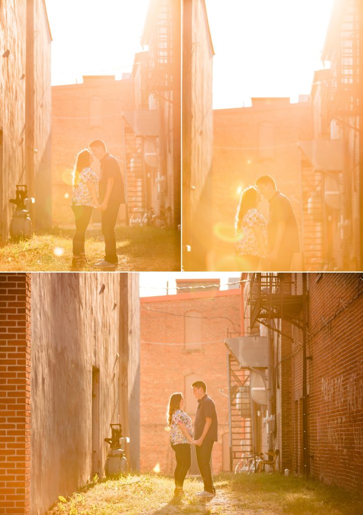 Kyla & Charlie's Delaware Ohio Engagement Photos - golden hour through the buildings in downtown Delaware