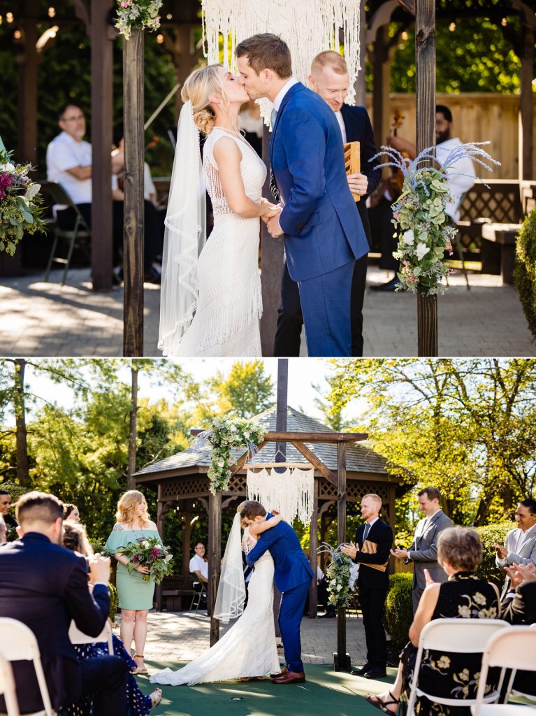 first kiss at a backyard wedding ceremony