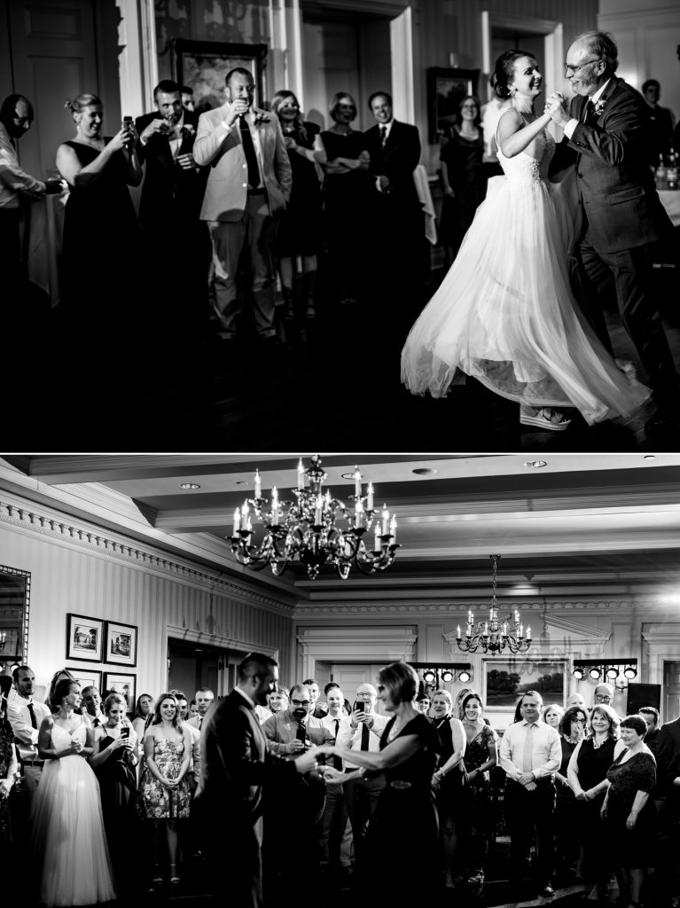 bride and groom dance with their parents at a Scioto Country Club wedding reception