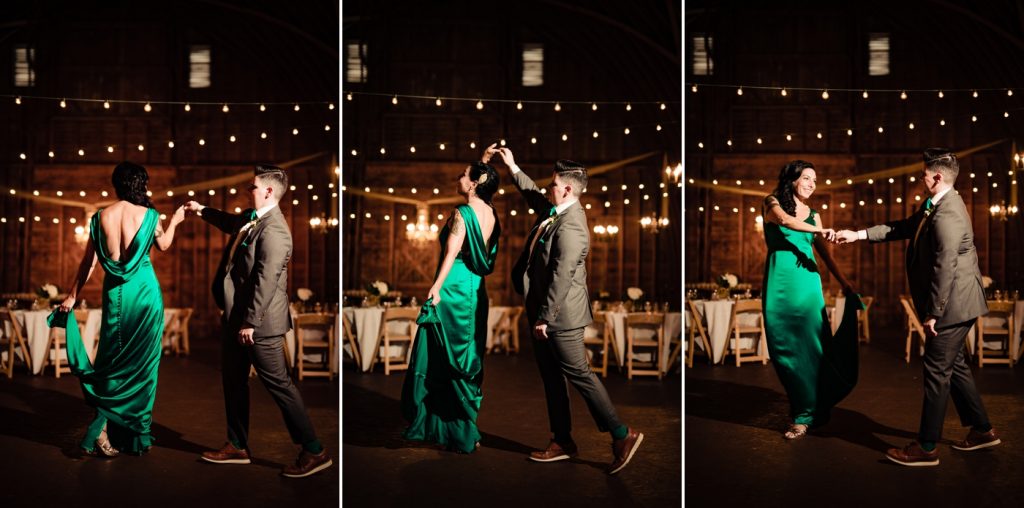 twirling beneath the twinkle lights at a wedding at Wren Farm