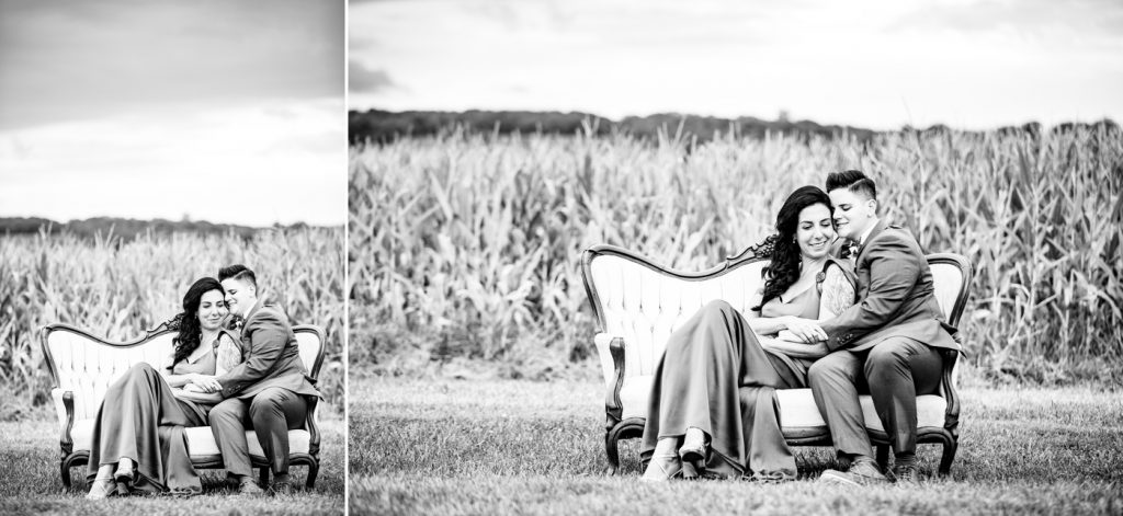 black and white portraits of a LGBTQ couple at their wedding at Wren Farm