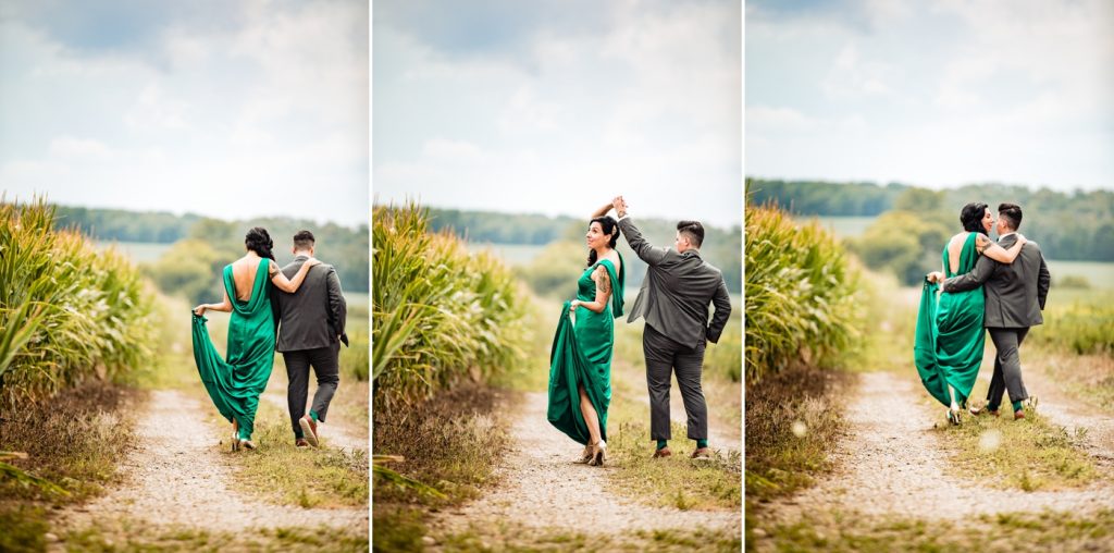 a couple in the corn field before their wedding at Wren Farm