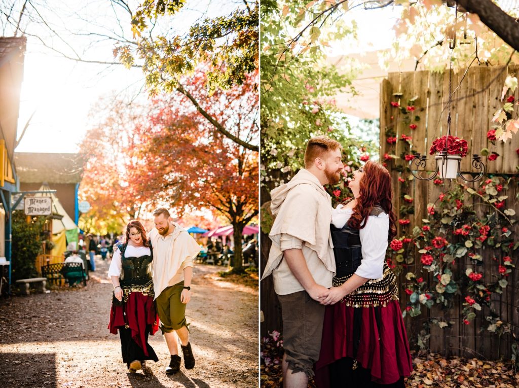a couple enjoying their engagement photos at the Ohio Renaissance Festival