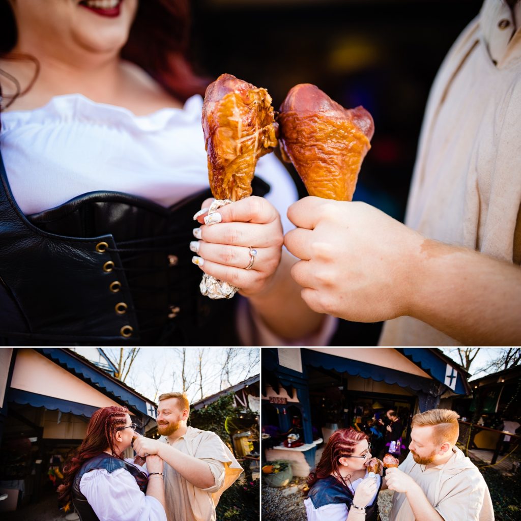 a couple eating a turkey leg during their engagement photos at the Ohio Renaissance Festival