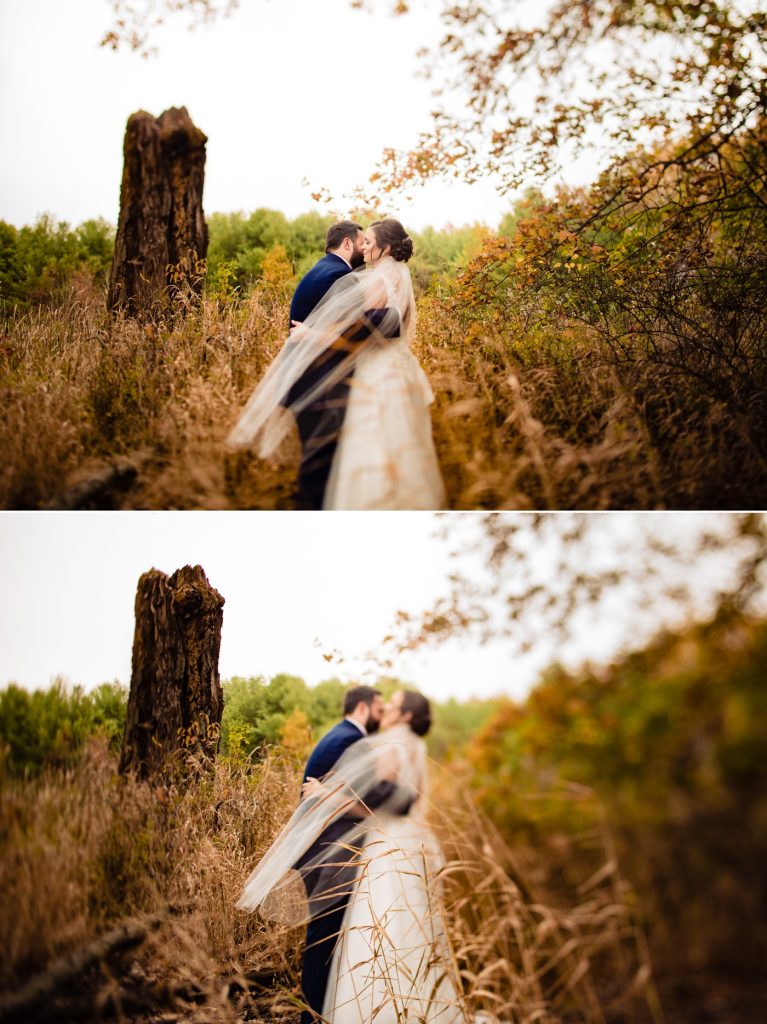 bride and groom in the woods before their wedding at The Estate at New Albany