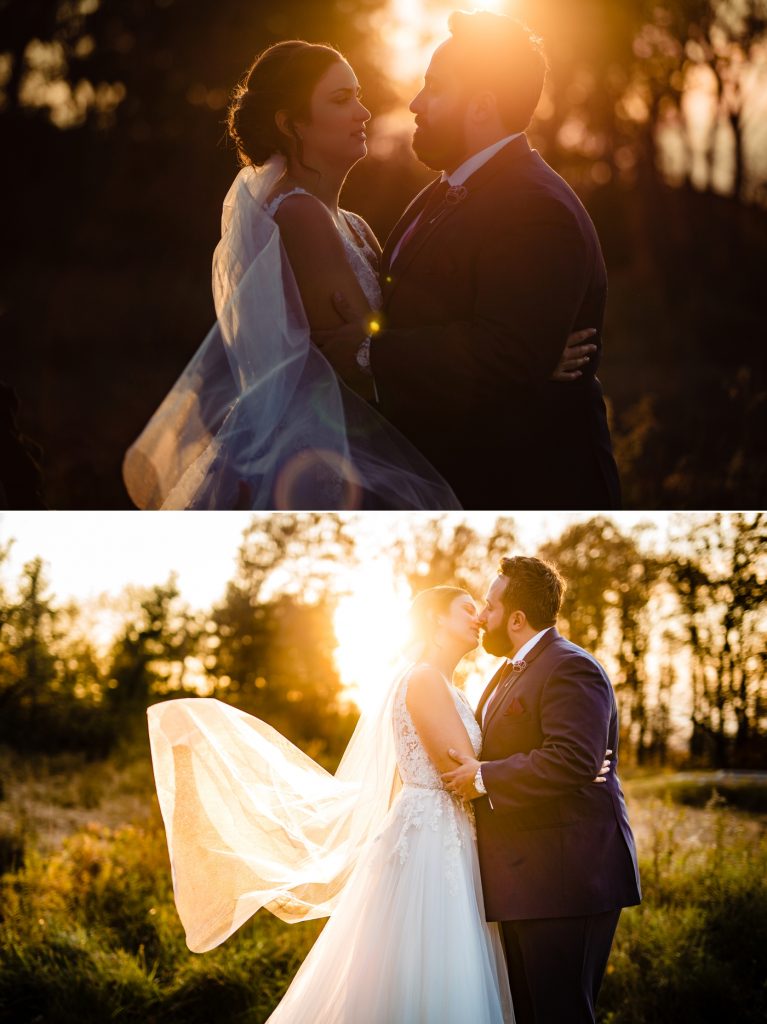 a couple taking photos during sunset after their wedding at The Estate at New Albany