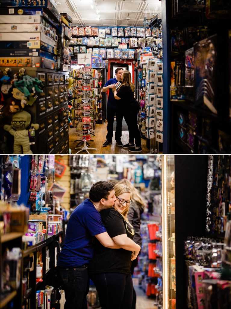 couple cuddling in the aisles at Big Fun Toy Store