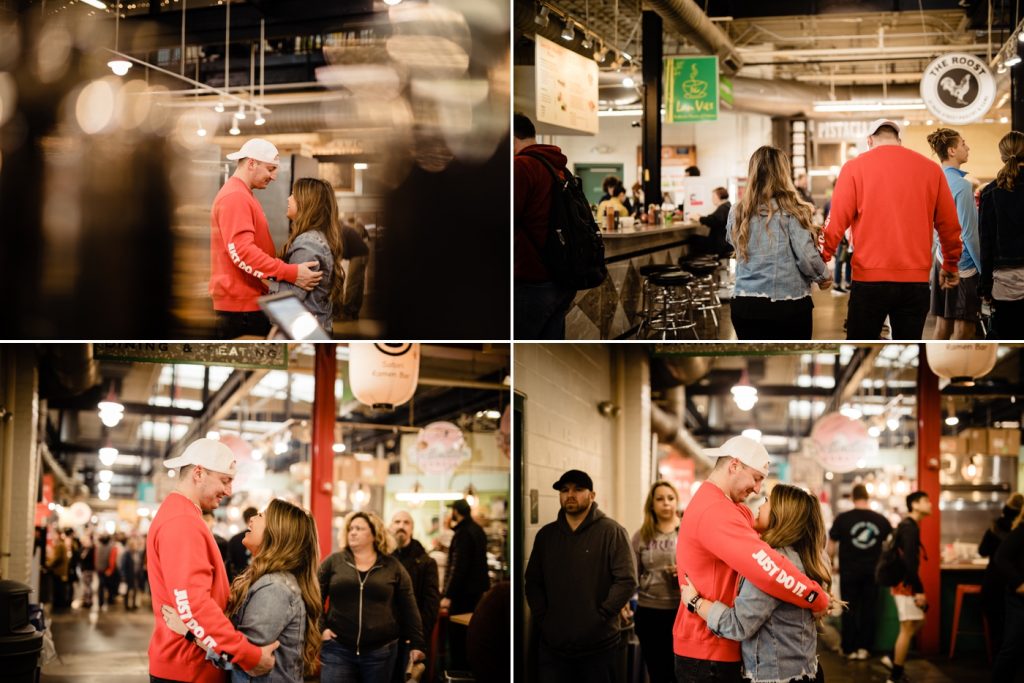 a couple having engagement photos at North Market taken