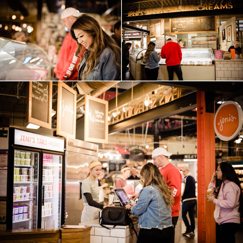 a couple buying ice cream during their engagement photos at North Market