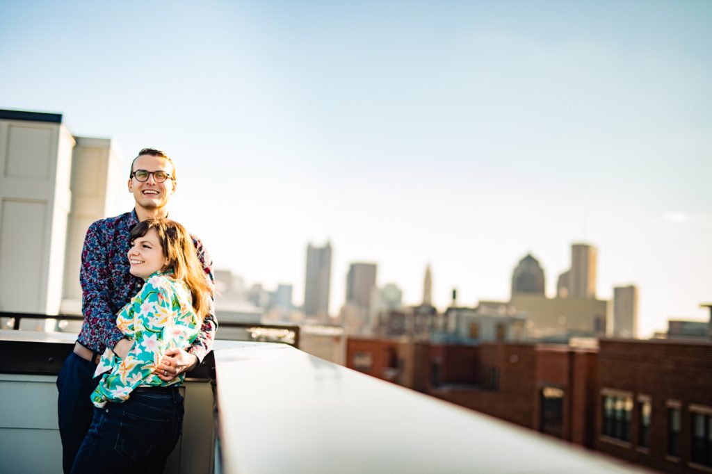 unique angle of a couple overlooking Columbus skyline
