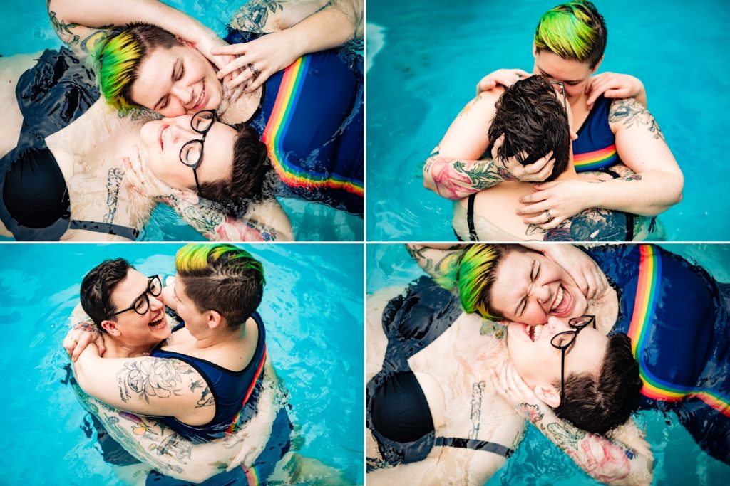 a lgbtq couple plays in the pool