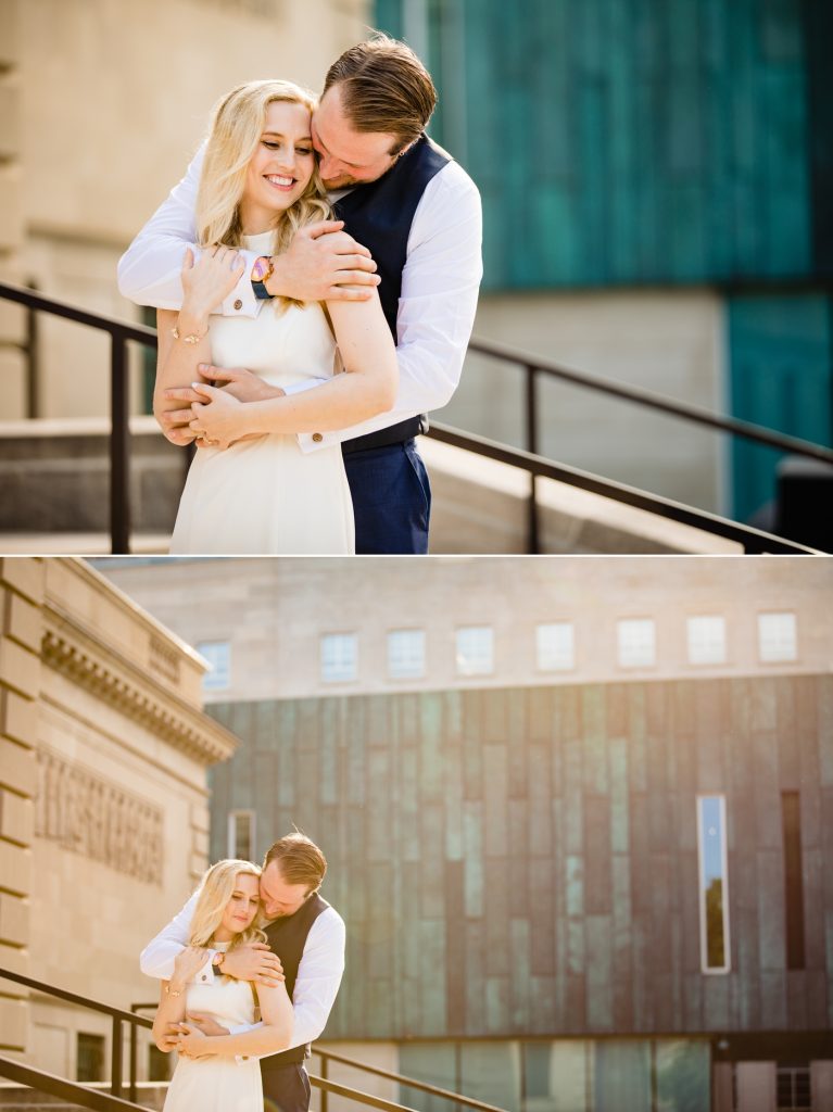 a couple poses for engagement photos at Columbus Museum of Art