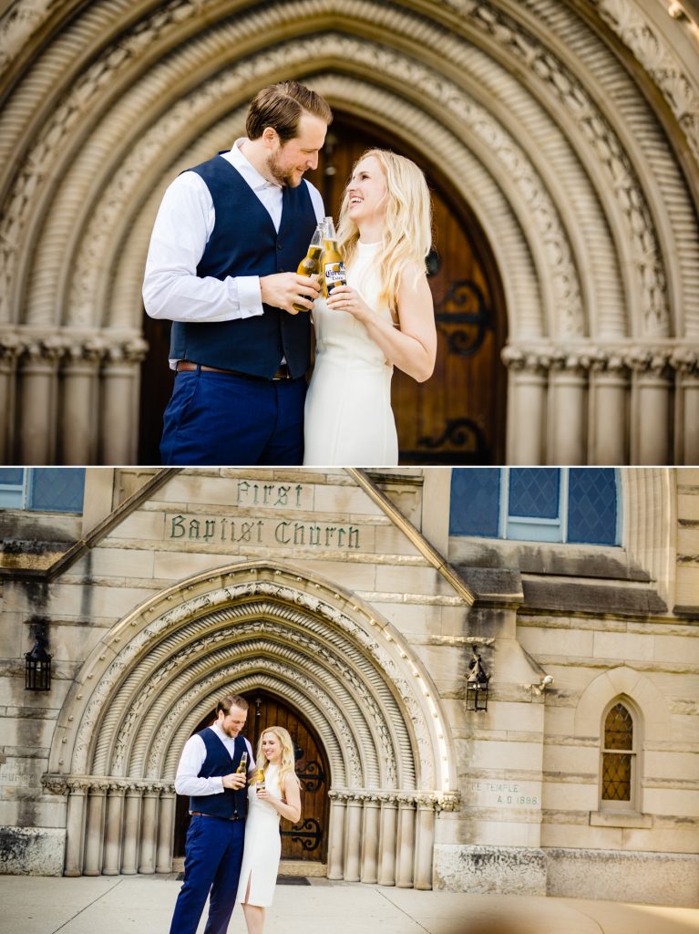 a couple drinks Corona during their engagement session at The Bluestone