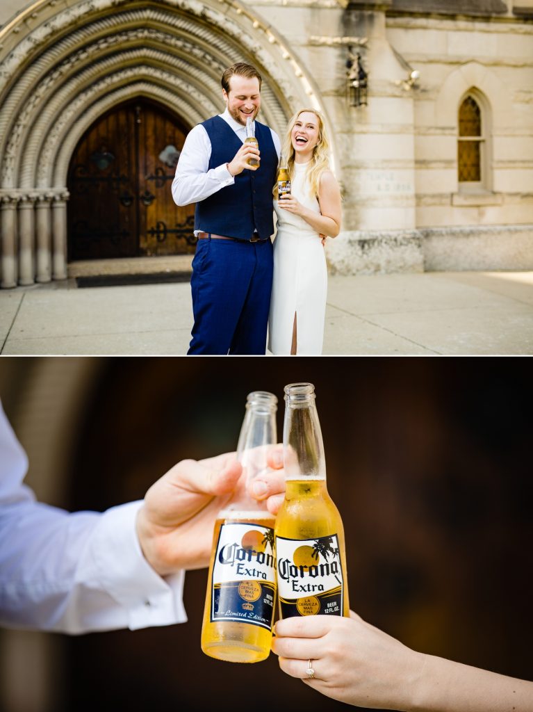 a couple celebrates their Coronavirus rescheduled wedding by drinking Corona
