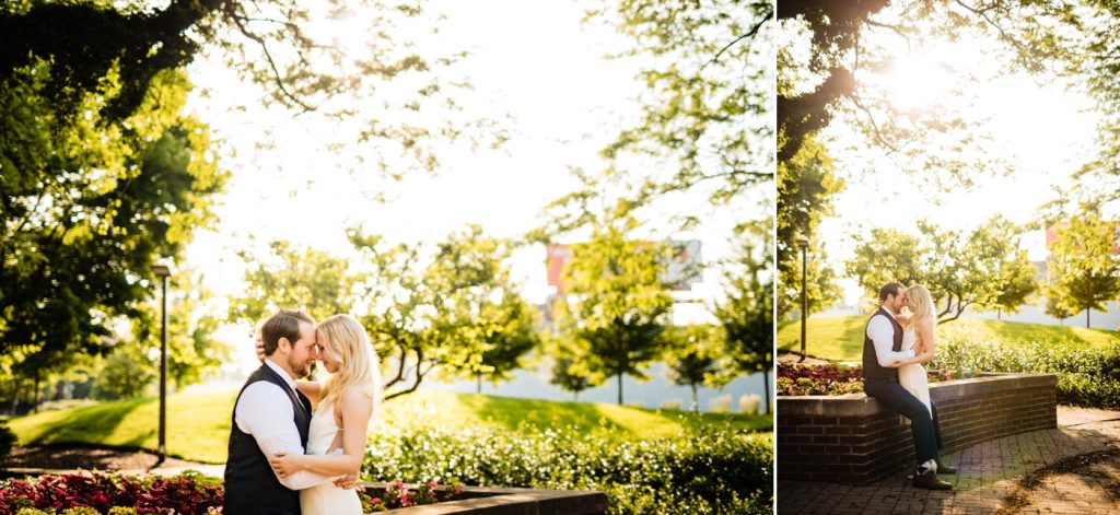 a couple poses during their engagement session at The Bluestone