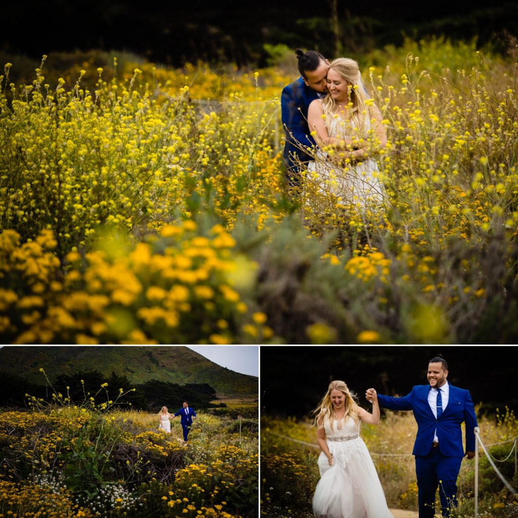 bride and groom in a field of yellow flowers in Big Sur