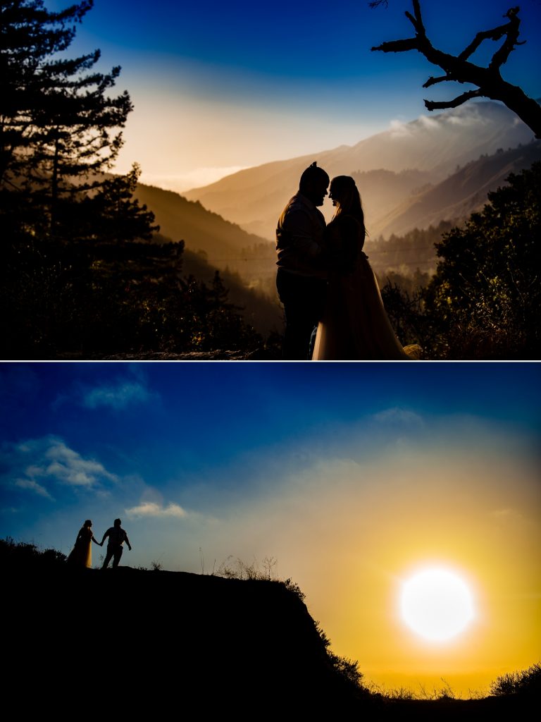 silhouetted bride and groom during wedding in Big Sur