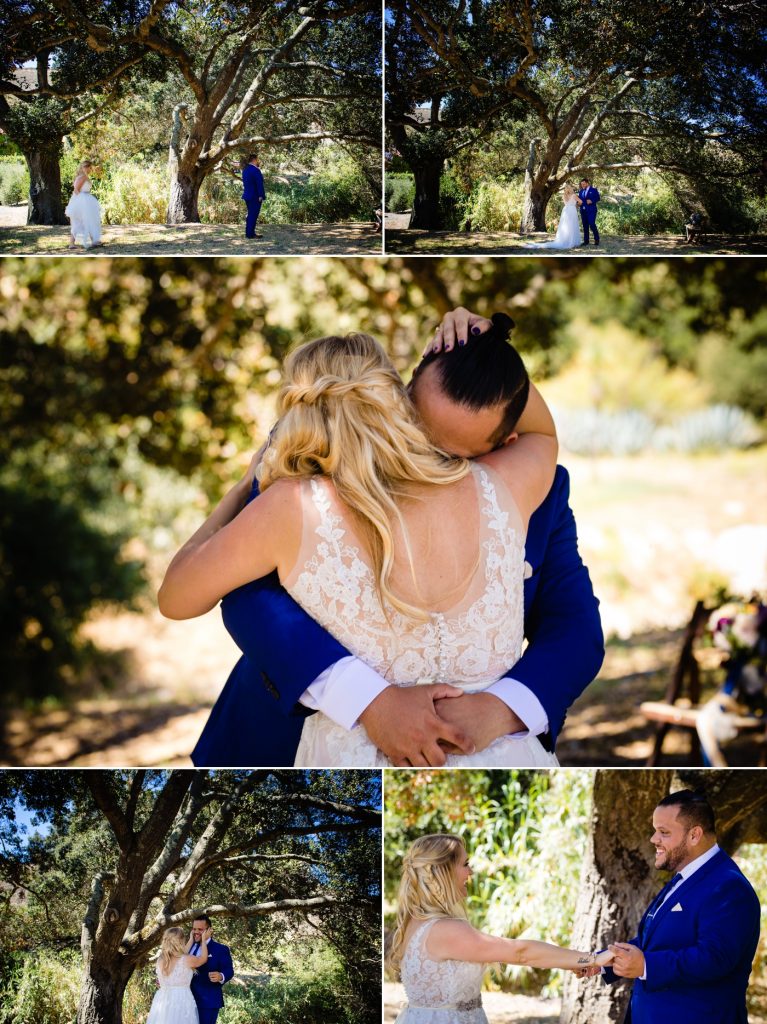 a bride and groom see each other for the first time before their wedding in Big Sur