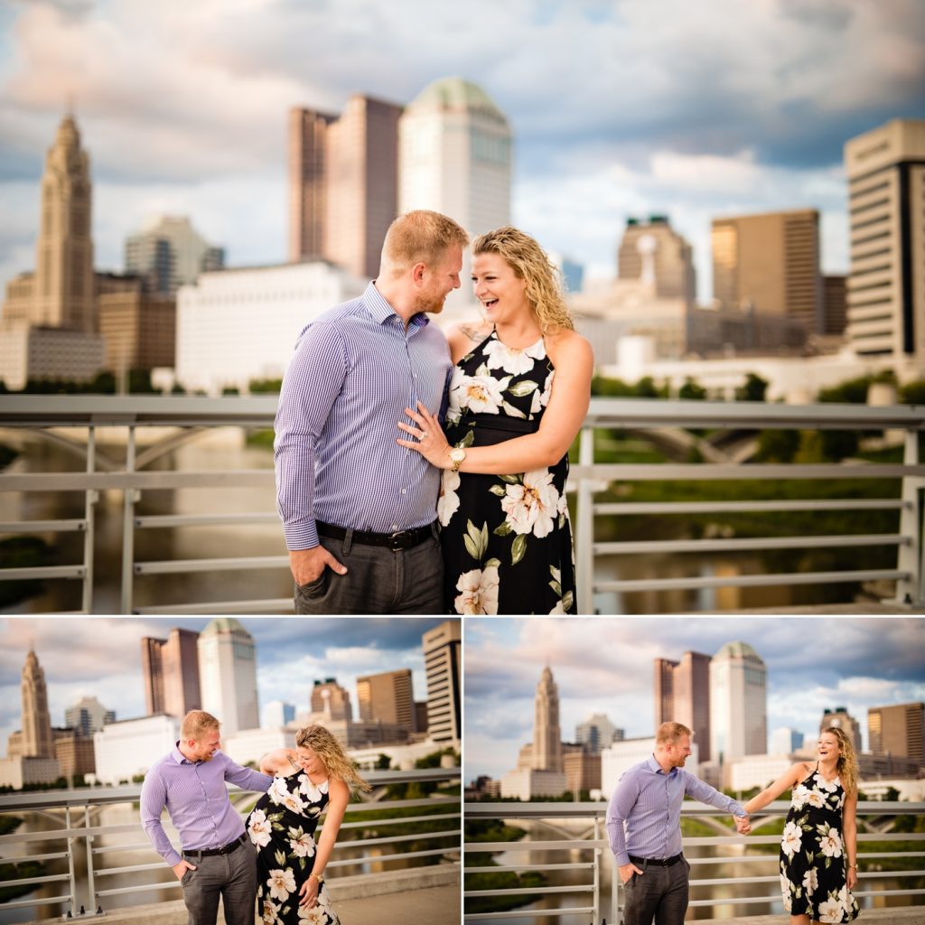 a couple laughs while walking during their engagement photos at Scioto Mile