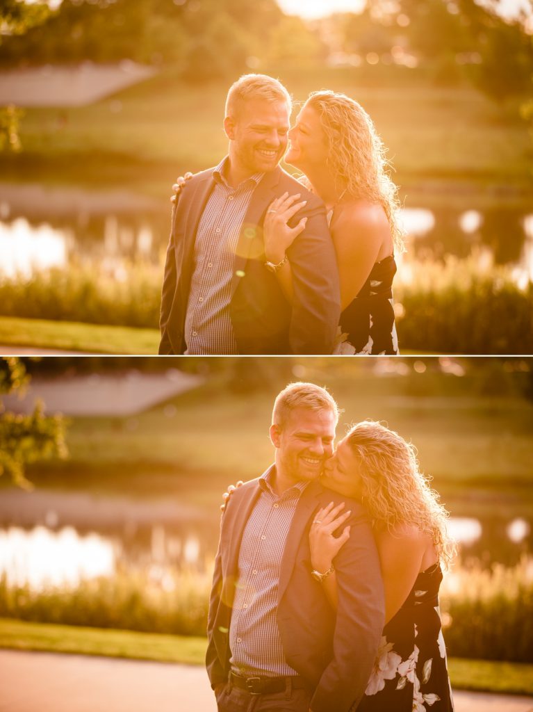 beautiful golden sun wrapping up a couple in love during their engagement photos at Scioto Mile