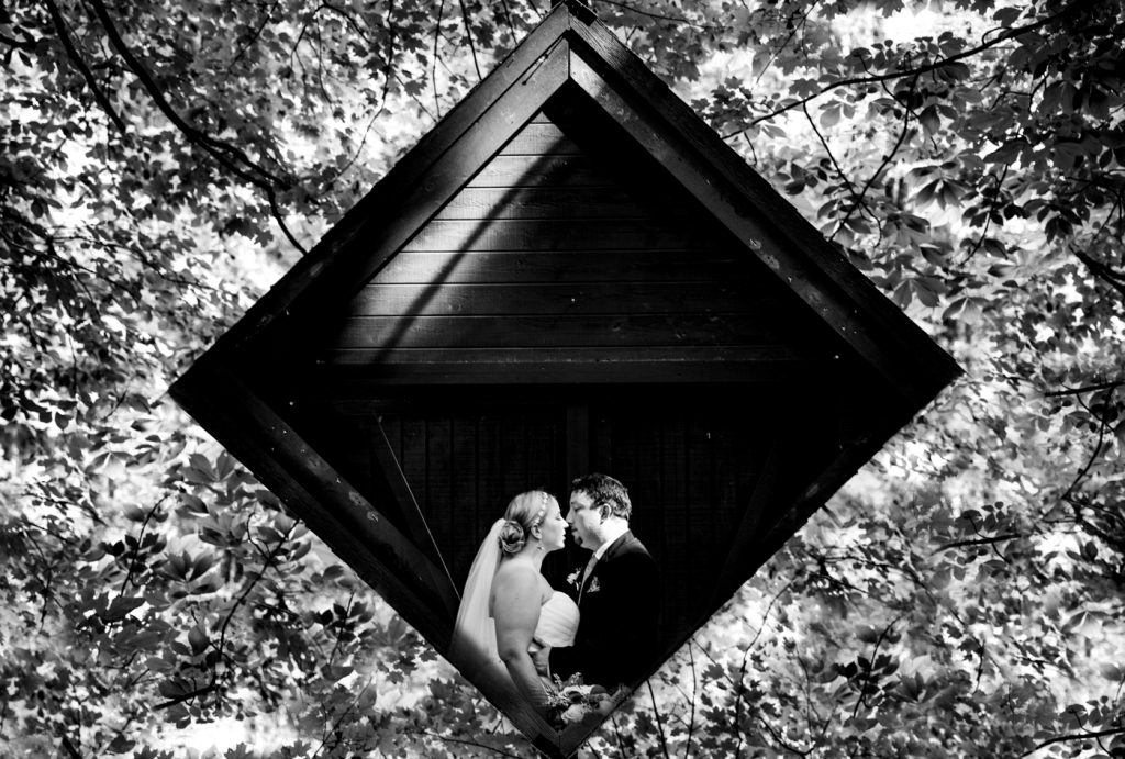 black and white double exposure of photo of a couple at their wedding at Cheers Chalet