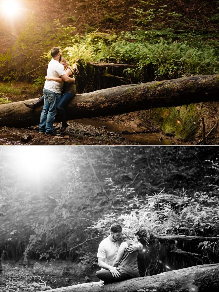 a couple cuddles among the trees during their engagement photos at Hocking Hills