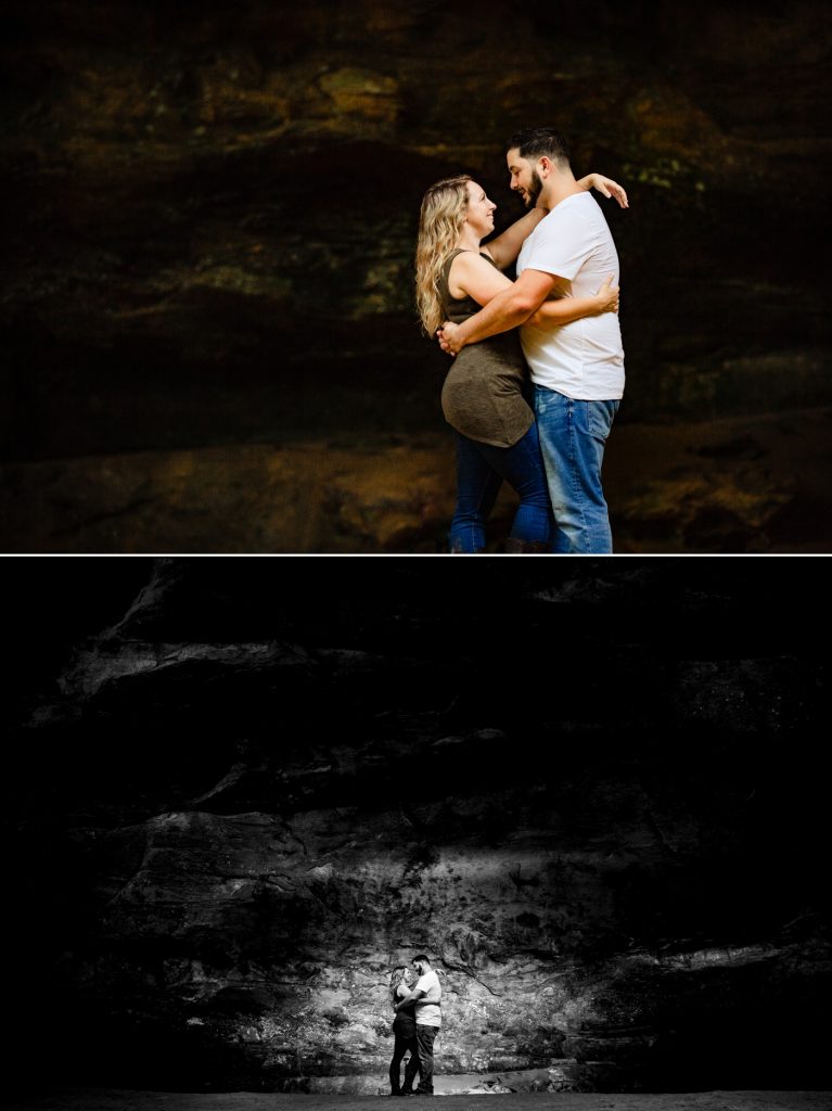 a couple poses for photos in Ash Cave during their engagement photos at Hocking Hills