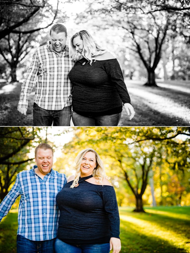 a couple laughs and walks during their Goodale Park engagement photos