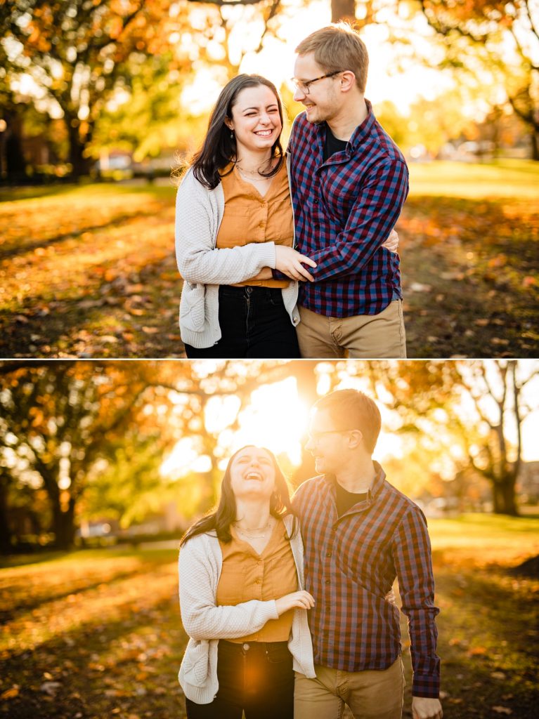 a couple laughs and walks through Schiller Park during their engagement photos in German Village