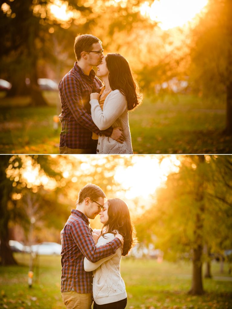 a couple cuddles in front of the sunset at Schiller park during their engagement photos in German Village