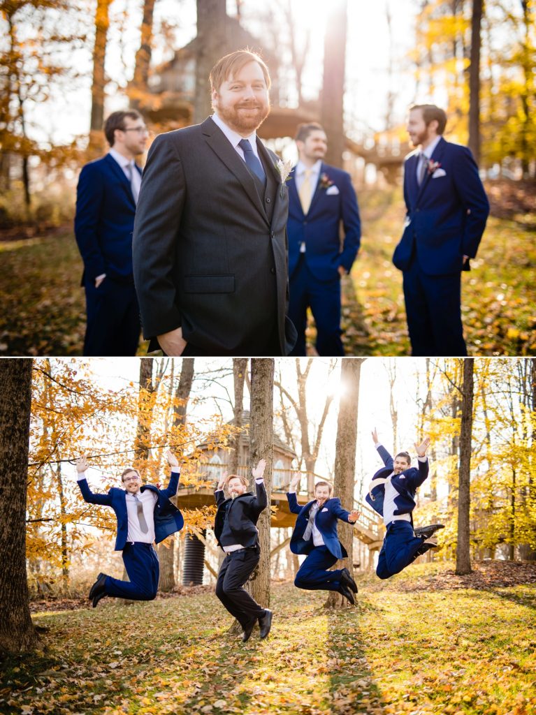 a groom and his groomsmen pose for photos at his wedding at the Grand Barn at the Mohicans