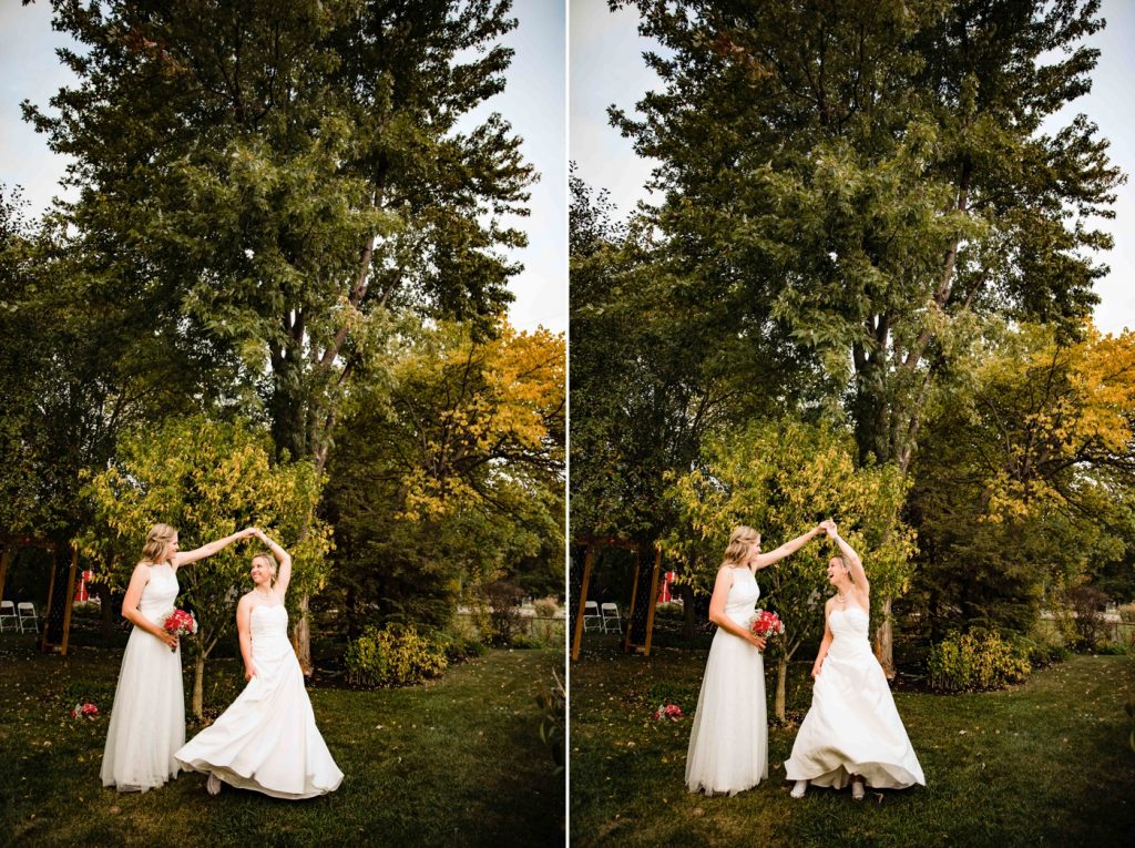 a bride twirls her wife after their intimate backyard wedding
