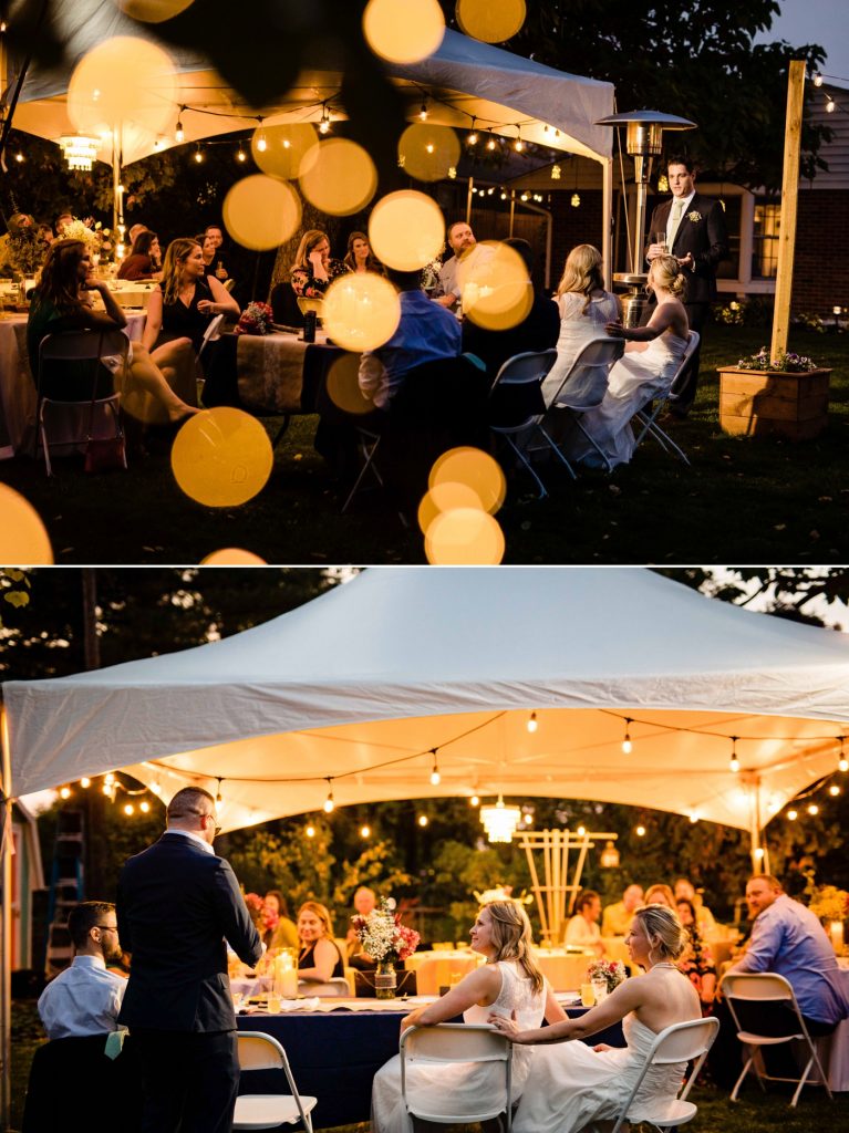 friends give speeches during an intimate backyard wedding reception