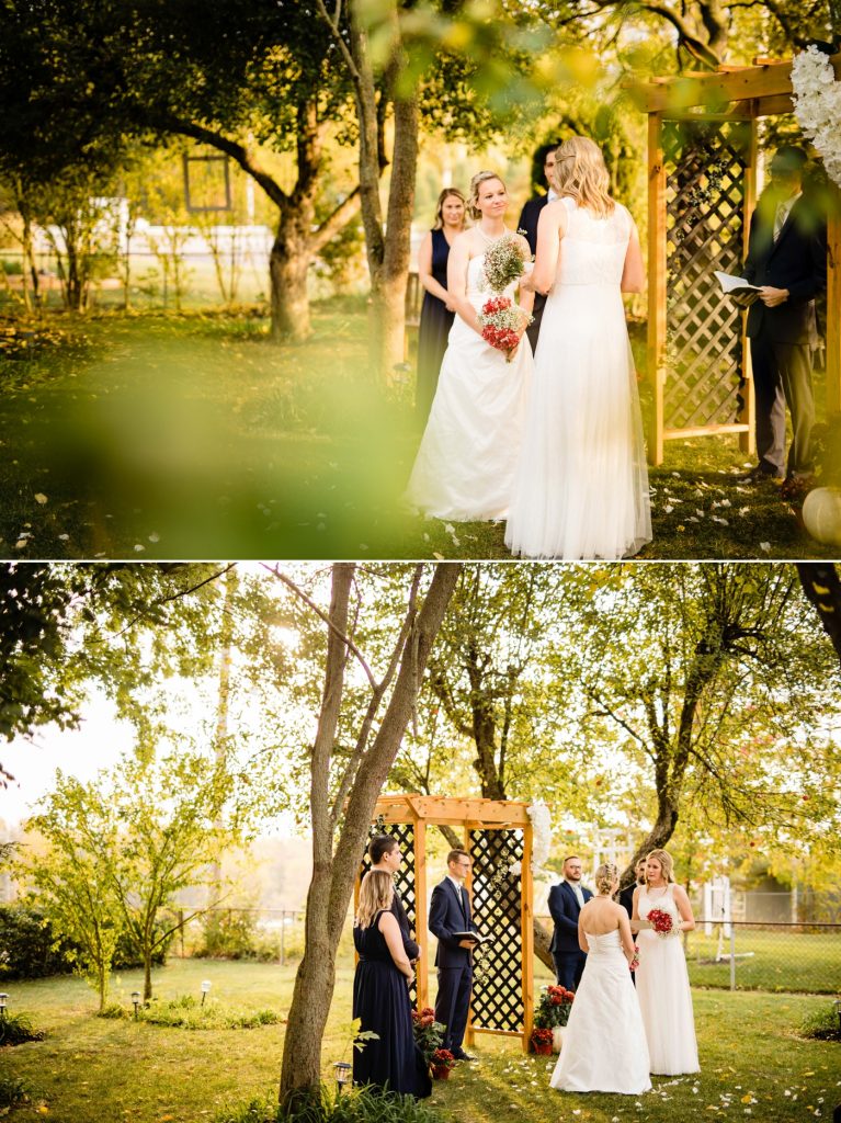 two women exchange vows during their intimate backyard wedding