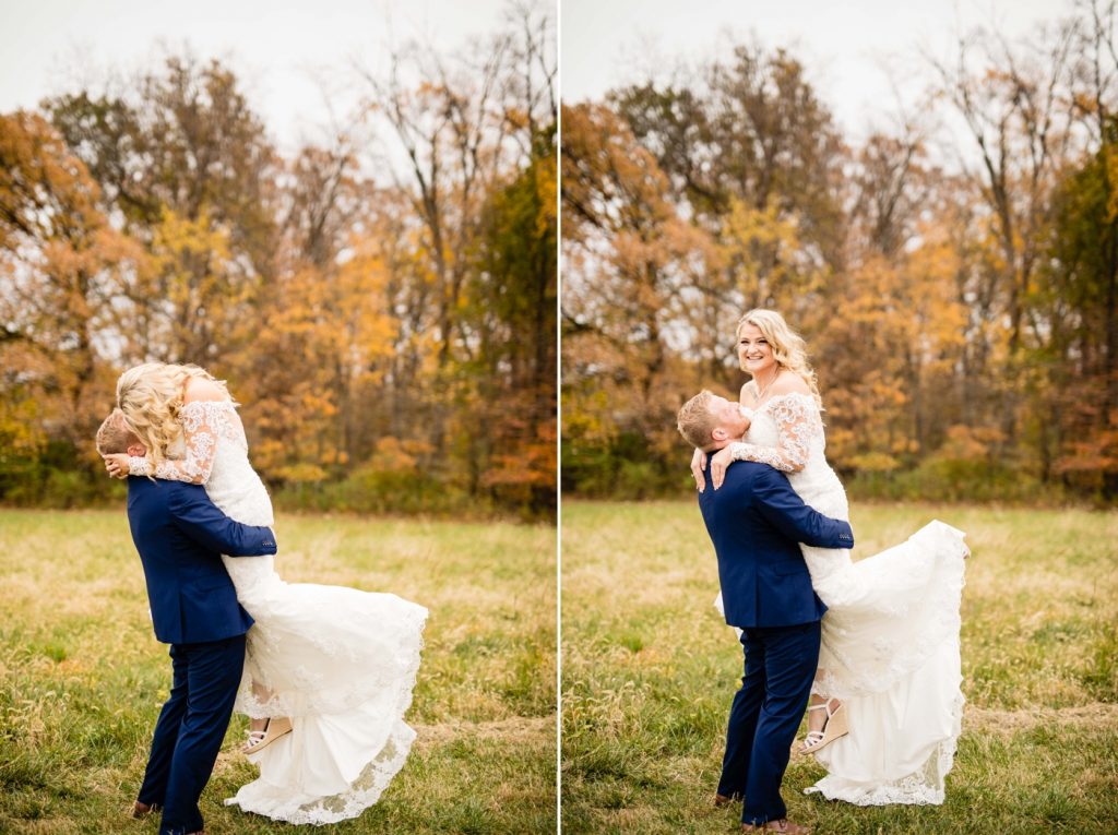a groom lifts his bride after their Brookshire wedding