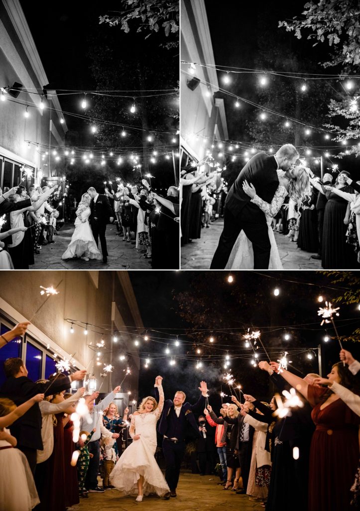 a bride and groom have a sparkler exit at Brookshire wedding