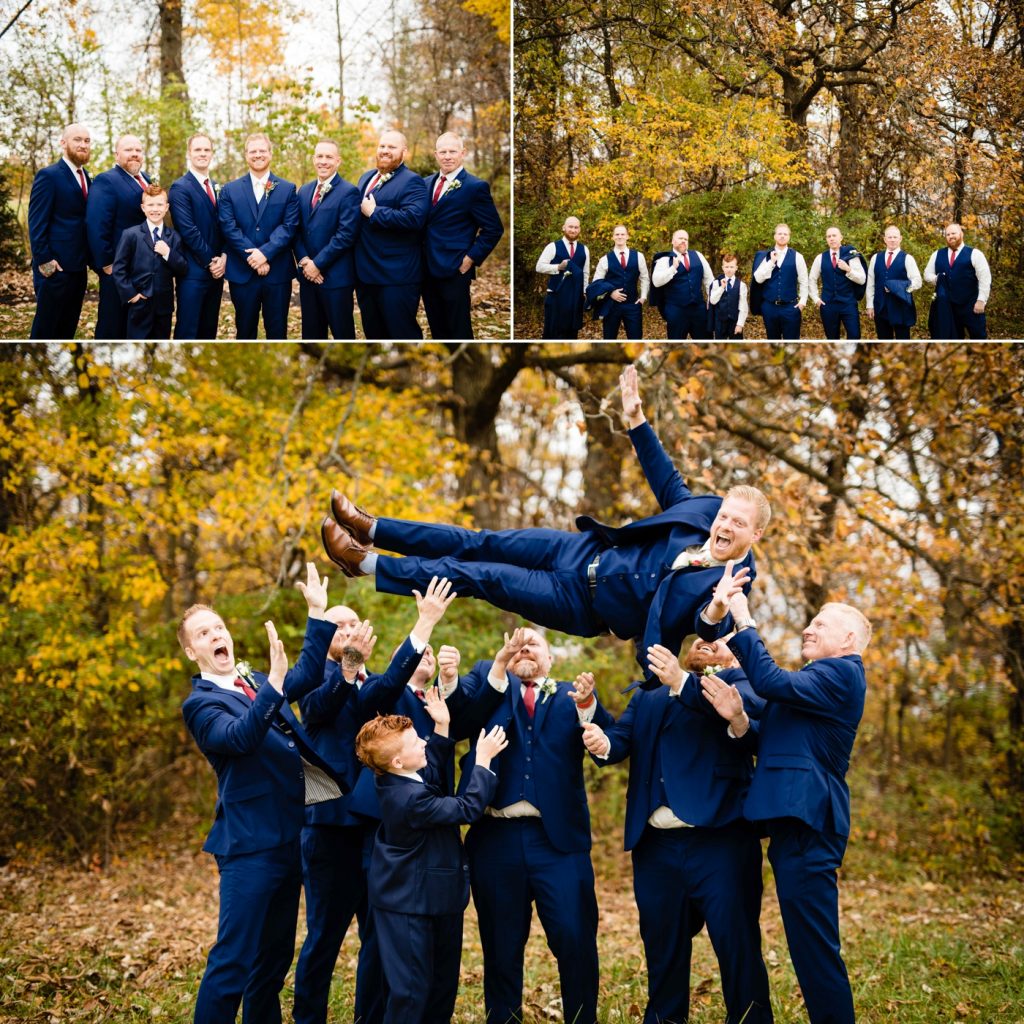 a groom poses with his groomsmen before his Brookshire wedding