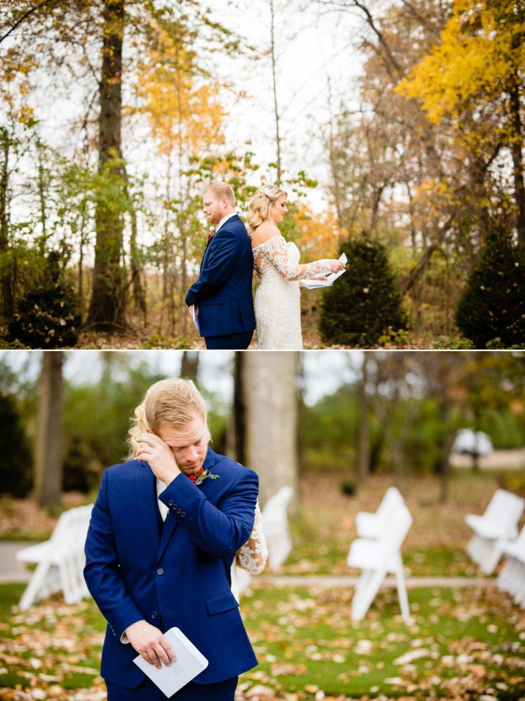 a bride and groom read letters to each other before their Brookshire wedding