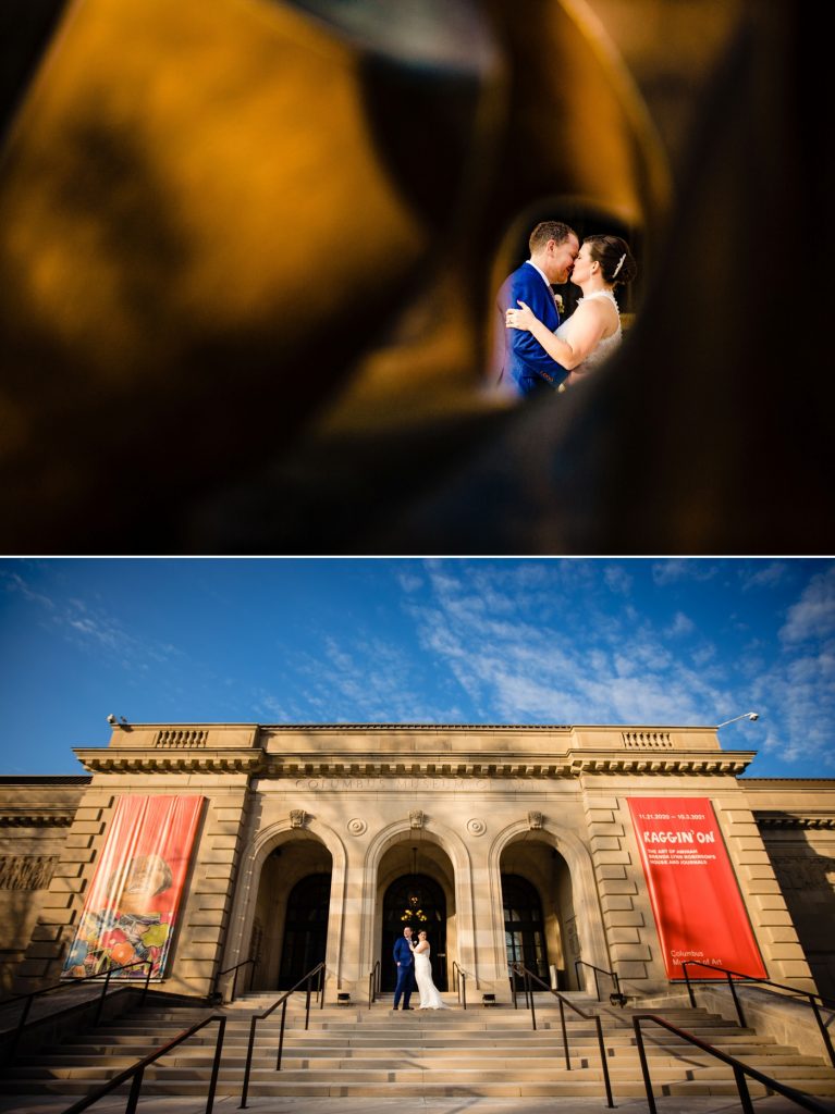 a couple getting photos taken before their wedding at the Columbus Museum of Art