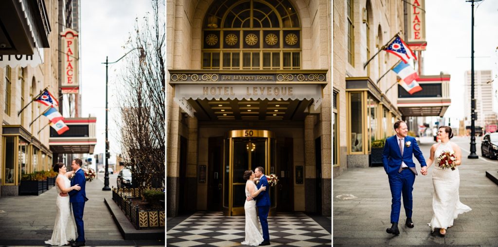 a bride and groom take photos in downtown Columbus before their wedding at the Columbus Museum of Art