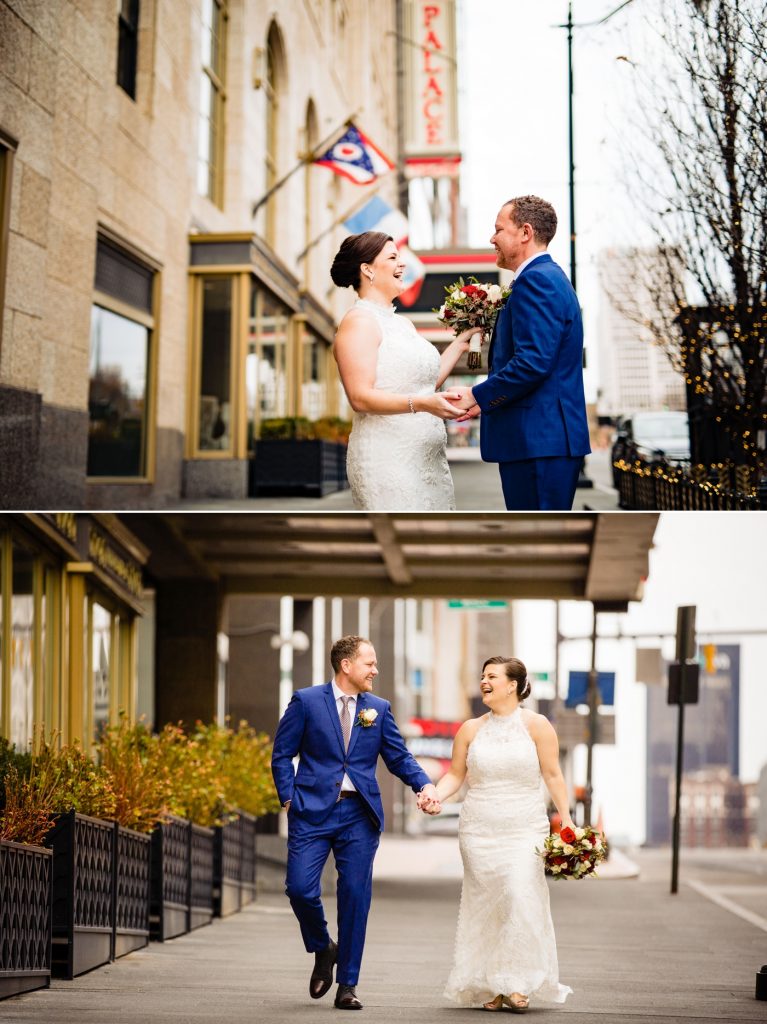 a bride and groom walk and laugh in downtown Columbus before their wedding at the Columbus Museum of Art
