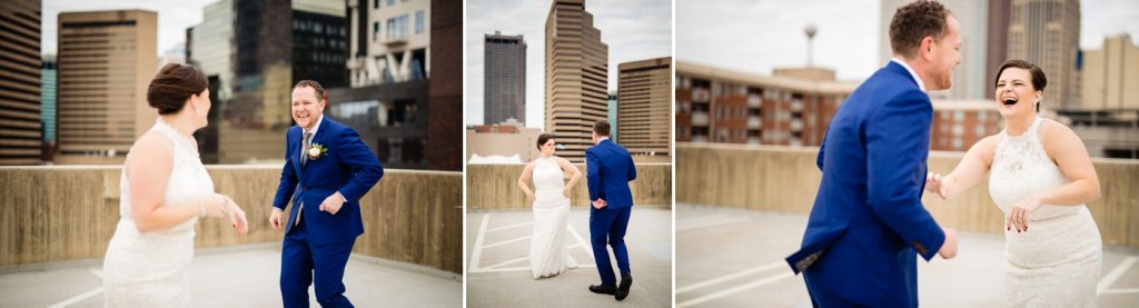 a couple dances on the rooftop before their wedding at the Columbus Museum of Art