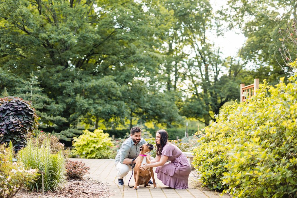 a couple play with their dog during their engagement photos at Park of Roses