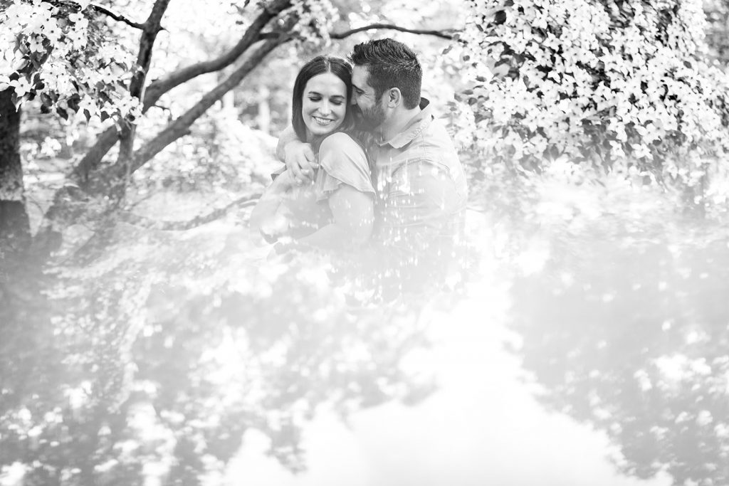 a black and white photo of a couple reflected in a blooming tree during their engagement photos at Park of Roses