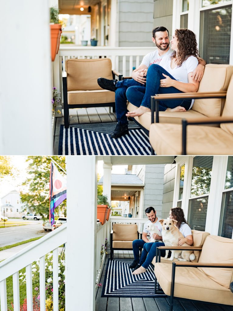 a couple sits on their Merion Village front porch during their engagement photos in downtown Columbus