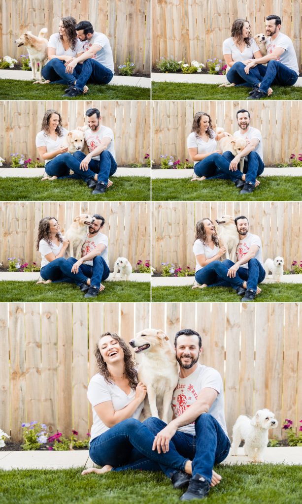 a funny series of a couple and their dogs during their engagement photos in downtown Columbus