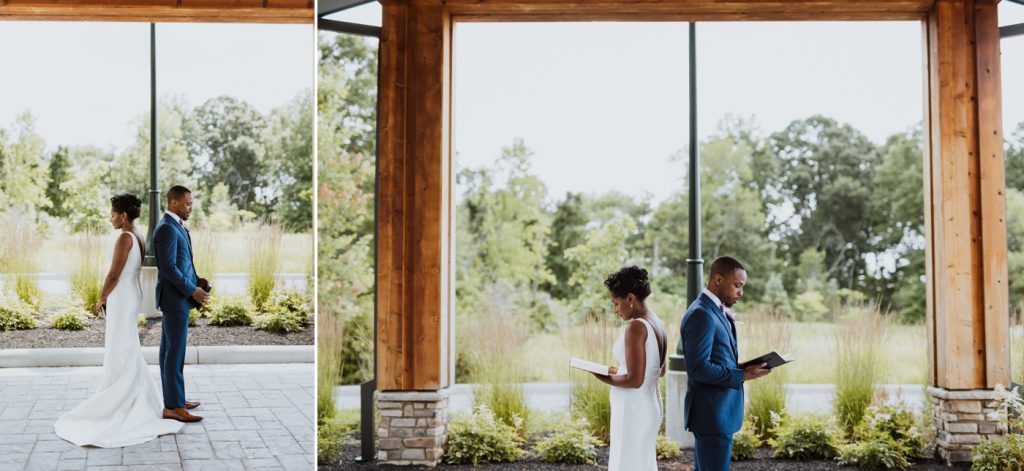 a bride and groom read letters to each other before their wedding at The New Albany Estate